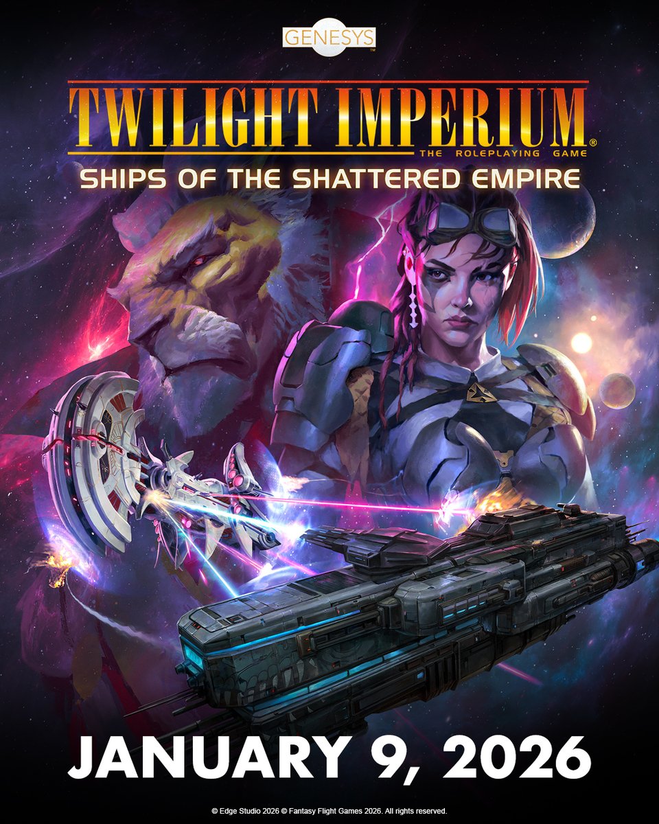 edge_english's tweet image. Ships of the Shattered Empire, a new Genesys sourcebook set in the Twilight Imperium universe, launches soon on January 9!
Conquer the stars with over 100 starship profiles, new space combat rules, GM guidance for epic battles, and so much more.
#ttrpg #twilightimperium