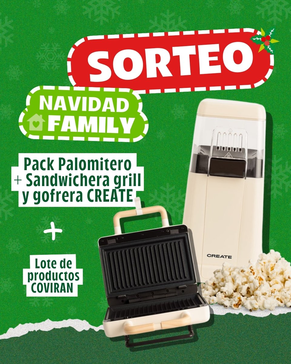 🎄 ¡2º SORTEO NAVIDEÑO! Estas fiestas, los planes en familia saben mejor: peli, palomitas y gofres para disfrutar juntos como se merece ✨🍿

¿Qué sorteamos?
👉🏼 Un pack CREATE de palomitera + sandwichera grill y gofrera
👉🏼Un lote de productos Covirán

Participar es muy sencillo,