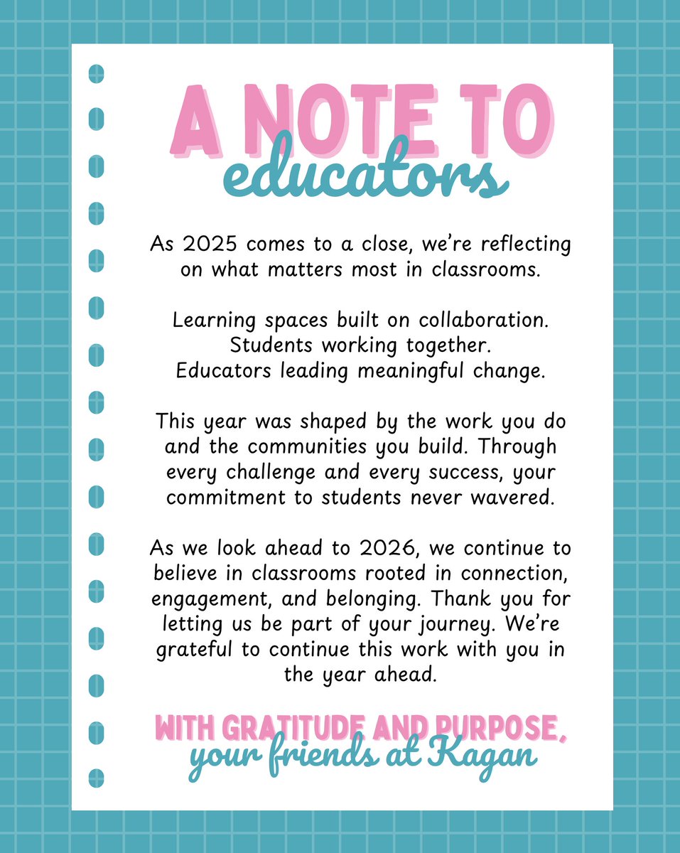 KaganOnline's tweet photo. As we look ahead to 2026, our belief remains the same: classrooms thrive when students learn together and educators lead meaningful change. Thank you for an incredible year 🩷

#kagan #teachercommunity #educationmatters #thankyoueducators #endofyeargratitude #teacherappreciation https://t.co/4i5U9dF53A