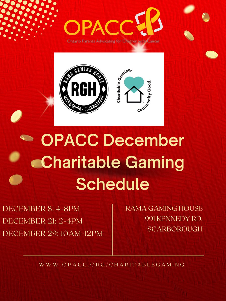 OpaccOrg's tweet image. OPACC volunteers will be at @RamaGamingHouse
 in #Scarborough today from 2-4PM for our #charitablegaming event to raise funds for our Toronto #childhoodcancer families. More volunteers needed (aged 19+)! opacc.org/charitablegami…