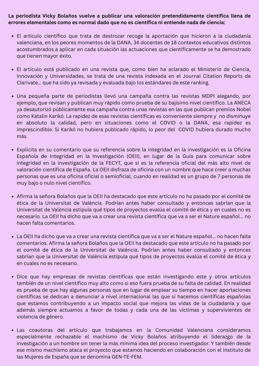 Respuesta al ataque de la periodista Vicky Bolaños a la ciencia, al trabajo de muchísimo profesorado y a mí misma, con una trayectoria profesional de absoluta entrega a las personas que más lo necesitan. Ninguna aclaración al medio ha servido para frenar esta barbaridad <a href="/rtve/">RTVE</a>