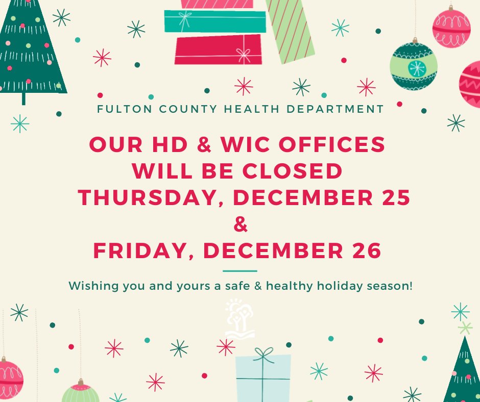 HD &amp; WIC offices will be CLOSED Thursday, December 25 &amp; Friday, December 26.

We wish you a healthy and happy holiday season! 🎅❄️🤶⛄️🎄