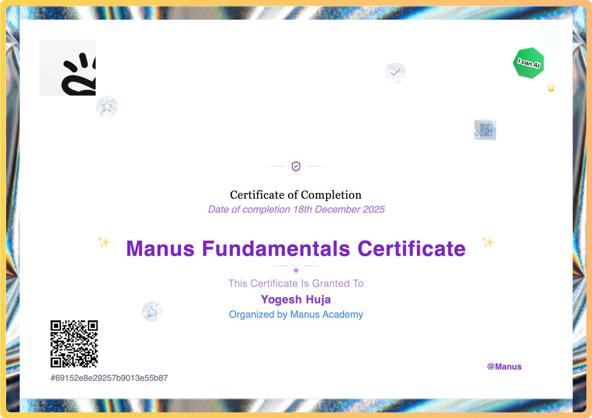 I just earned Manus Fundamentals Certificate with @ManusAcademy! academy.manus.im/certificate/ma…