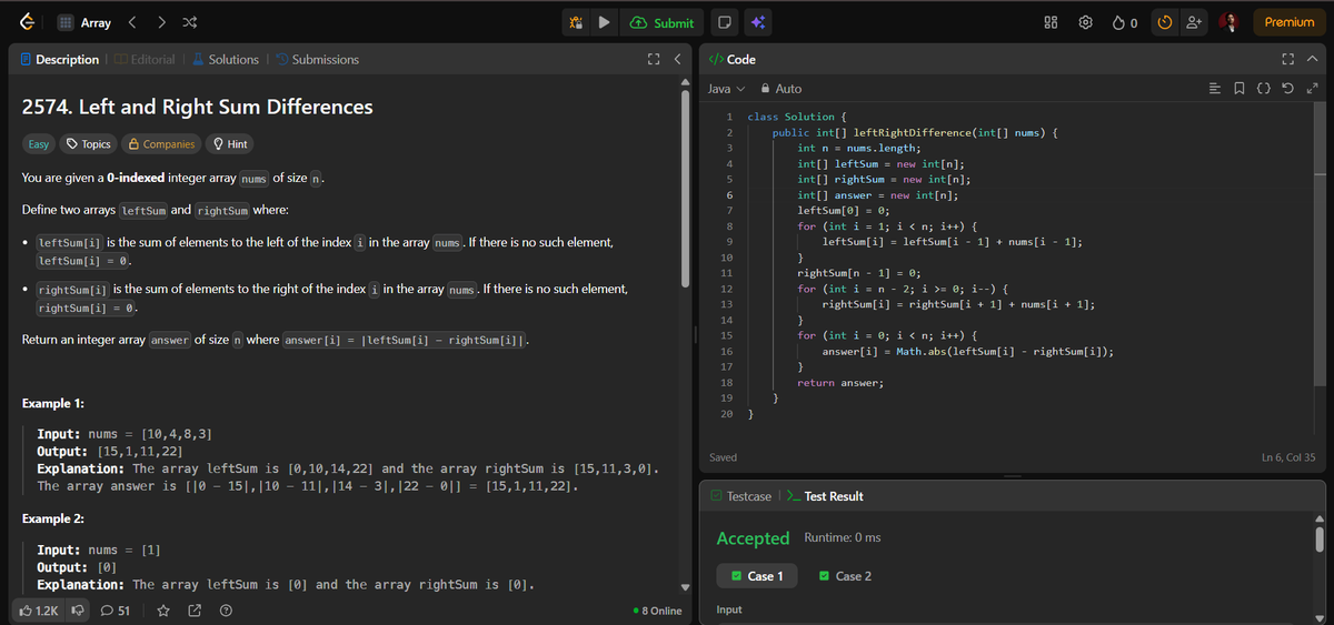 BuiltwithLalit's tweet image. LeetCode 2574 – Left and Right Sum Difference
Logic:
-Build a left sum array: sum of elements before each index
-Build a right sum array: sum of elements after each index
-For each index, take |leftSum − rightSum|
-Edge indices naturally have sum = 0

#LeetCode #100DaysOfCode