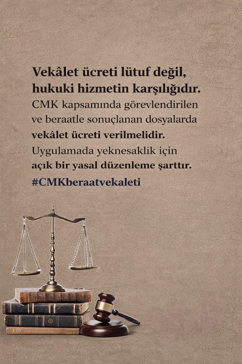 Vekâlet ücreti lütuf değil, hukuki hizmetin karşılığıdır. CMK kapsamında görevlendirilen ve beraatle sonuçlanan dosyalarda vekâlet ücreti verilmelidir. Uygulamada yeknesaklık için açık bir yasal düzenleme şarttır.
#CMKberaatvekaleti 
<a href="/adalet_bakanlik/">T.C. Adalet Bakanlığı</a> <a href="/barolar/">Türkiye Barolar Birliği</a> <a href="/yilmaztunc/">Yılmaz TUNÇ</a>