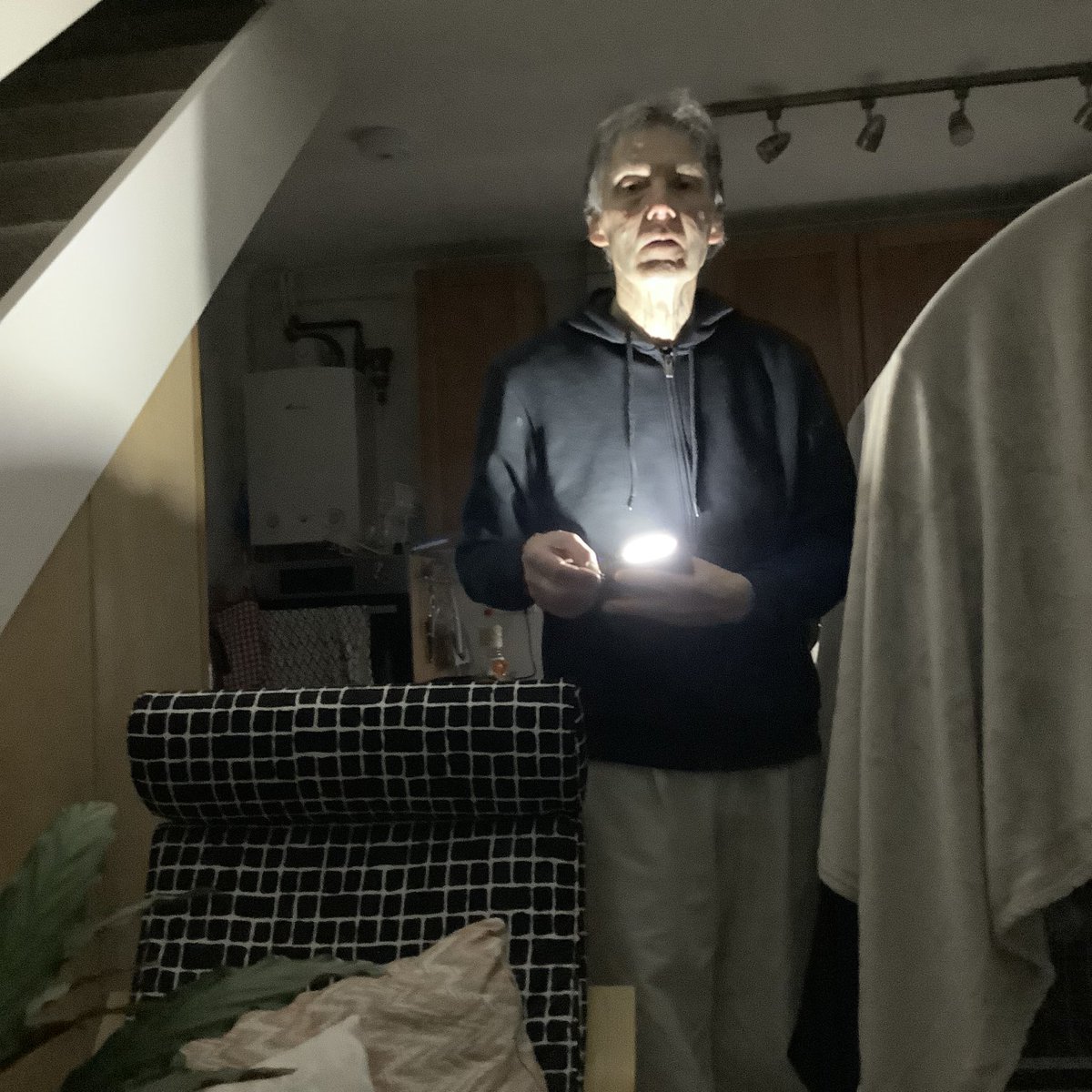 During the last three power cuts yesterday. Mike was carrying a torch. We used to have fun like this when we were children, because we looked spooky with the torch. But he almost looks same with or without the torch! 🤣 How come? 
This last one blew radiator controller, we think.