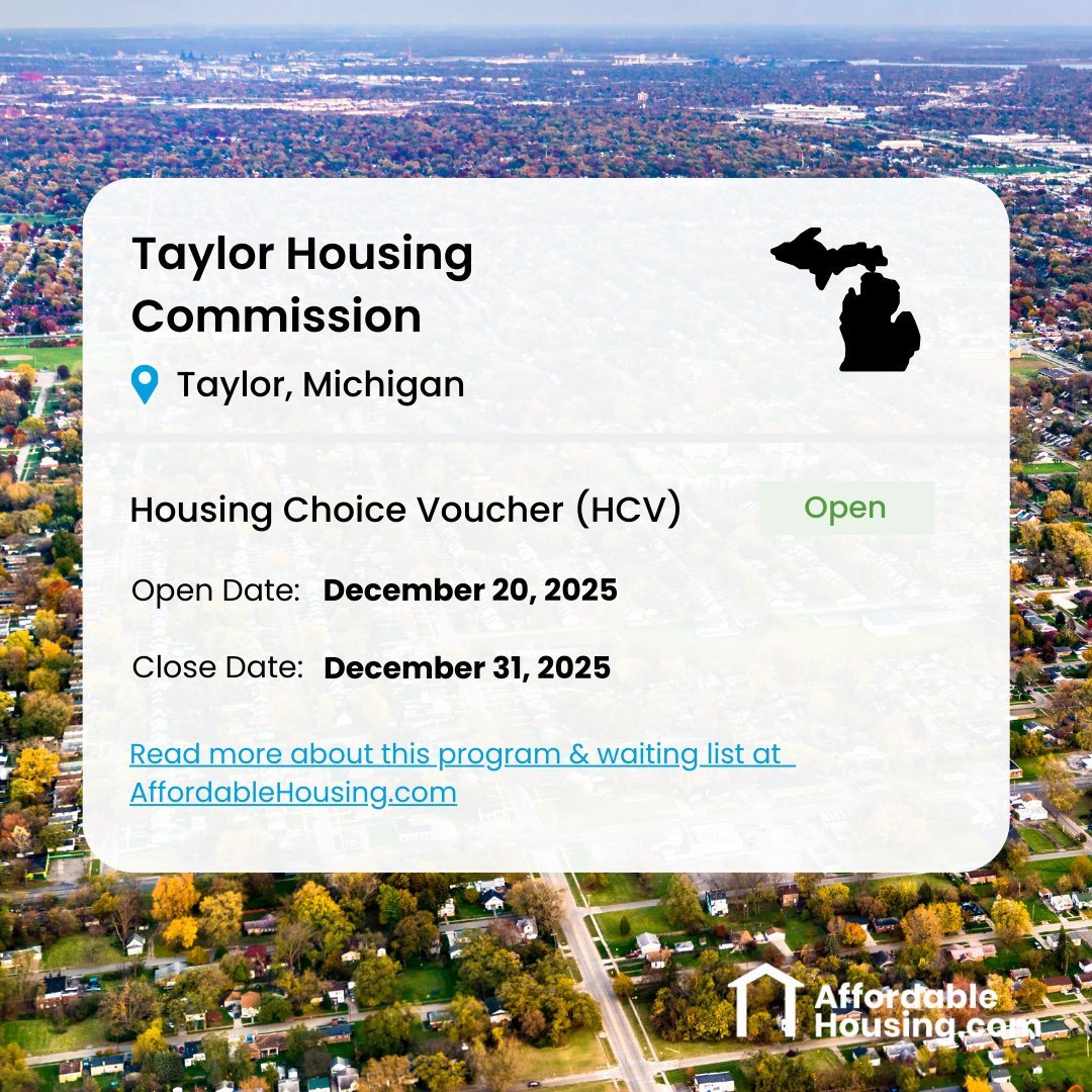 The Taylor Housing Commission in Michigan is opening the Housing Choice Voucher Program (HCV) waiting list. Go to the link and click on "Apply On Agency Website" affordablehousing.com/housing-author… #section8 #affordablehousing