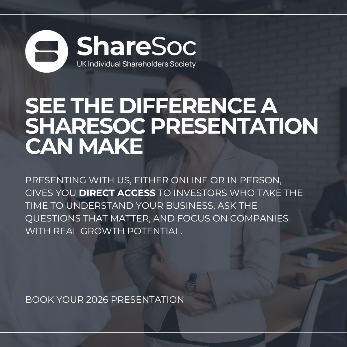 ShareSocUK's tweet photo. Showcase your business to investors who actively attend company presentations.
Join ShareSoc online or in person and speak directly to private investors attending live company presentations.
Book your 2026 slot 👉 https://t.co/82RrRFOxJ7
#ShareSoc #Investing https://t.co/1uconQhIvM