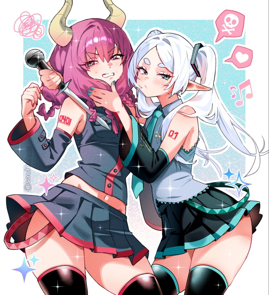 More cosplay! Frieren and Aura as Miku and Teto! 🤍🩷