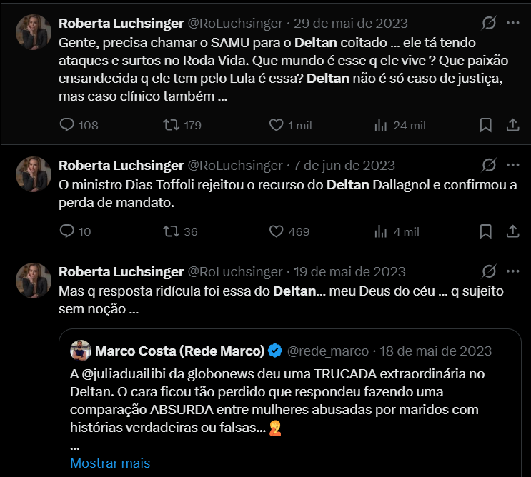 Lembro de ter debatido com Roberta Luchsinger no Pânico. Ontem foi alvo de busca e apreensão por possíveis "desvios" e propinas em fundos de pensão. Em seu perfil, obsessão com Deltan Dallagnol, Sergio Moro e Lava Jato. Onde foi mesmo que já vi o mesmíssimo discurso? 🤔
