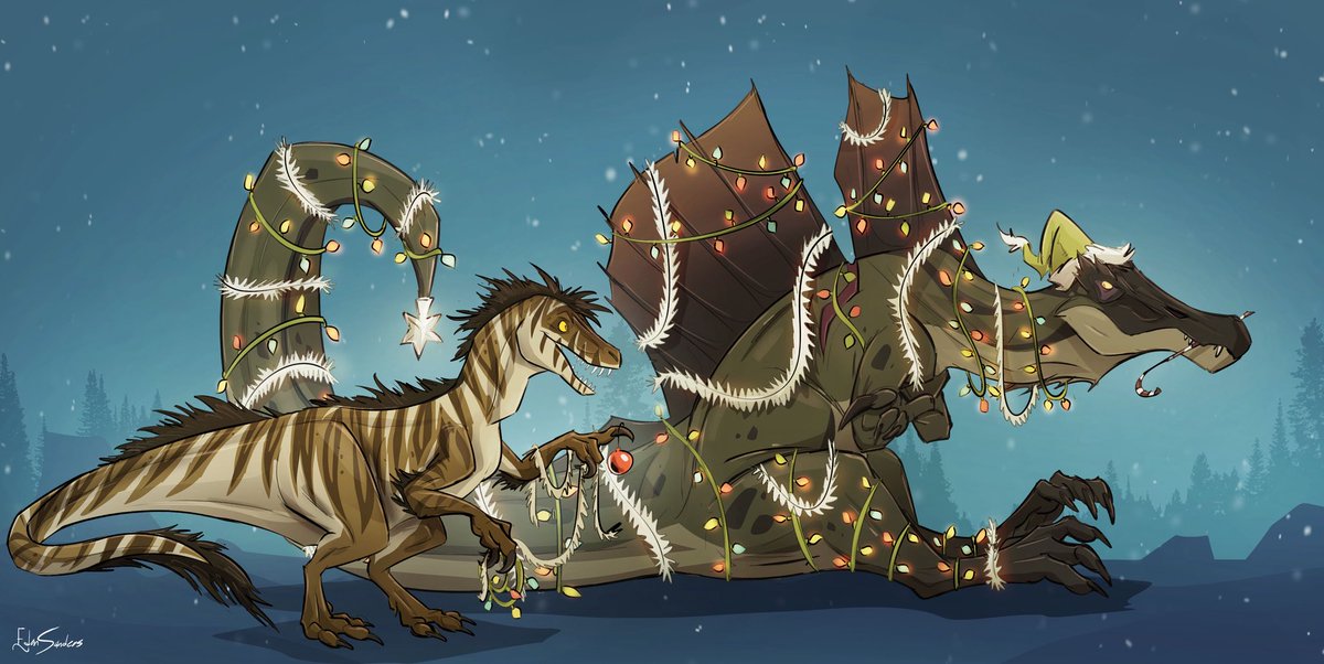 Noktus gets a festive makeover. 

Christmas gift art for <a href="/therbis/">ana belen vazquez</a> featuring everyone’s favorite grump from her webcomic #thedevilsdemons 
If you haven’t read it, go check it out!! 

The megaraptor is my dinosona Rusty

#dinosaur #dinoart #artist #digitalart