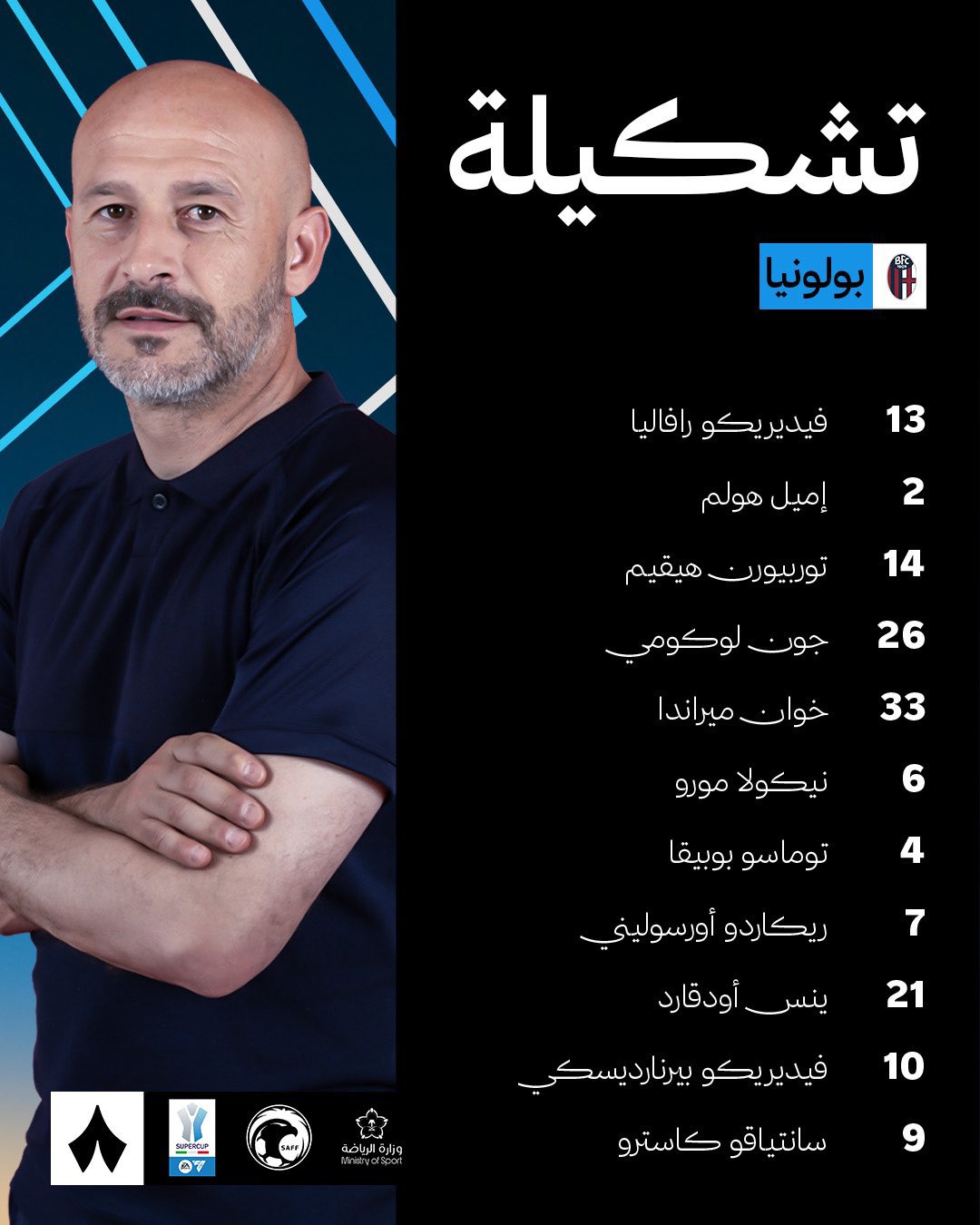 تشكيلة الفريقين بولونيا إنتر. في مواجهة نصف نهائي #كأس_السوبر_الإيطالي 