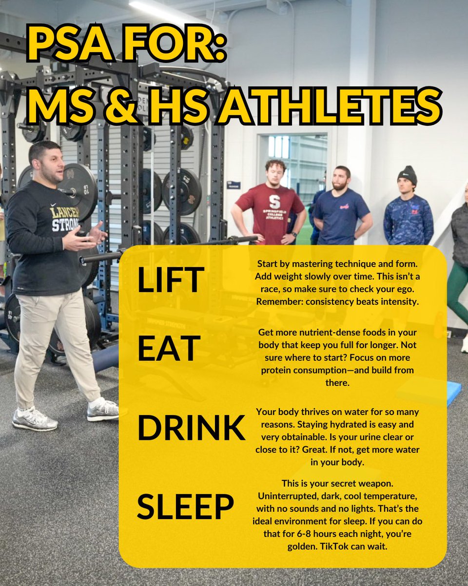 ⚡️PSA for: MS and HS Athletes

Build these habits and remain consistent with them to truly see results:

💪🏼 Lift weights to build strength &amp; power
🍗 Eat high-quality foods to refuel &amp; build 
💦 Drink water to stay hydrated &amp; fresh 
😴 Use sleep as your secret “recovery” weapon