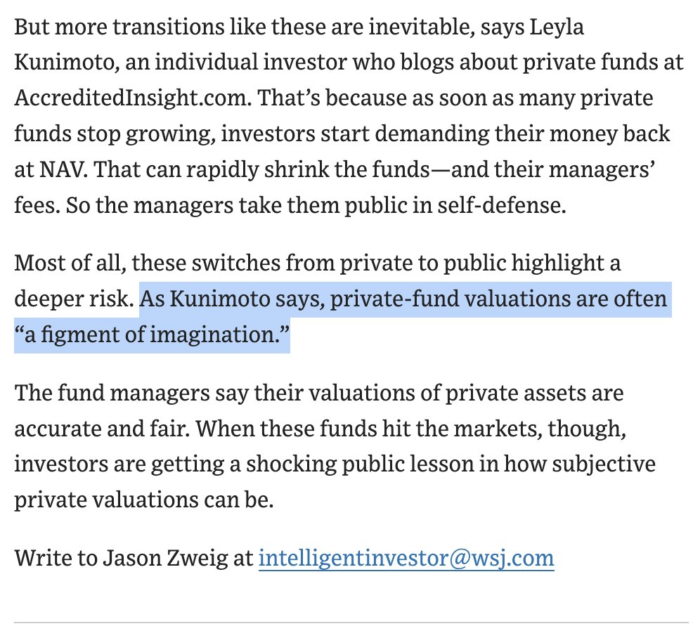 I have to say, it doesn't get old seeing my name in print in the Wall Street Journal 😁 

Go read this article, because I would bet my right kidney, this isn't the last we hear of a private evergreen fund going public. 

Jason Zweig on valuations: "For all fund investors, NAV is