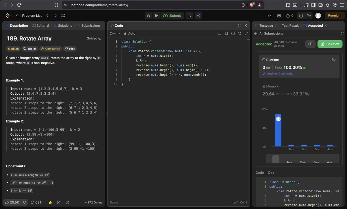 _PrathamGambhir's tweet image. Today's work of #100DaysOfCode   

•DSA(#StriversA2ZDSASheet)  
-Solved problems on array
-Leetcode  
1.Left Rotate array by k place
2.Move Zeros to end
3.Second Largest Element in an Array without sorting

•DEV
-completed half of the meetings page backend of schedulify project