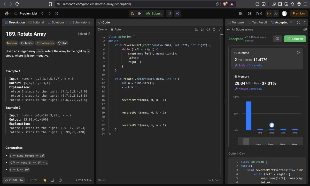 _PrathamGambhir's tweet image. Today's work of #100DaysOfCode   

•DSA(#StriversA2ZDSASheet)  
-Solved problems on array
-Leetcode  
1.Left Rotate array by k place
2.Move Zeros to end
3.Second Largest Element in an Array without sorting

•DEV
-completed half of the meetings page backend of schedulify project