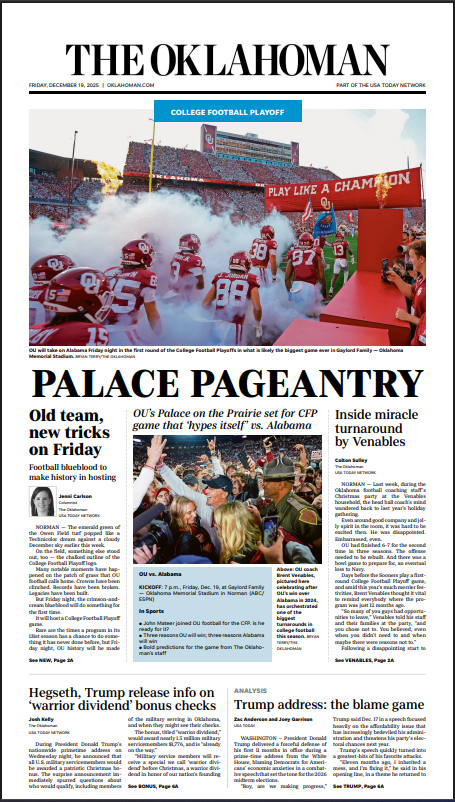 jeffpattOKC's tweet photo. Friday's @OklahomanSports &amp; A1 covers:

@colton_sulley: https://t.co/wZQmTPnOU2
@joe_mussatto: https://t.co/zkZTXnhUa2
@JenniCarlson_OK: https://t.co/95SaVtVGI3
@thejordancdavis: https://t.co/JHoNJkpqY4
#CFBPlayoff picks: https://t.co/gKy77uuXy1
📰: https://t.co/Jb6BUFrLSl https://t.co/2Zay09bhWF