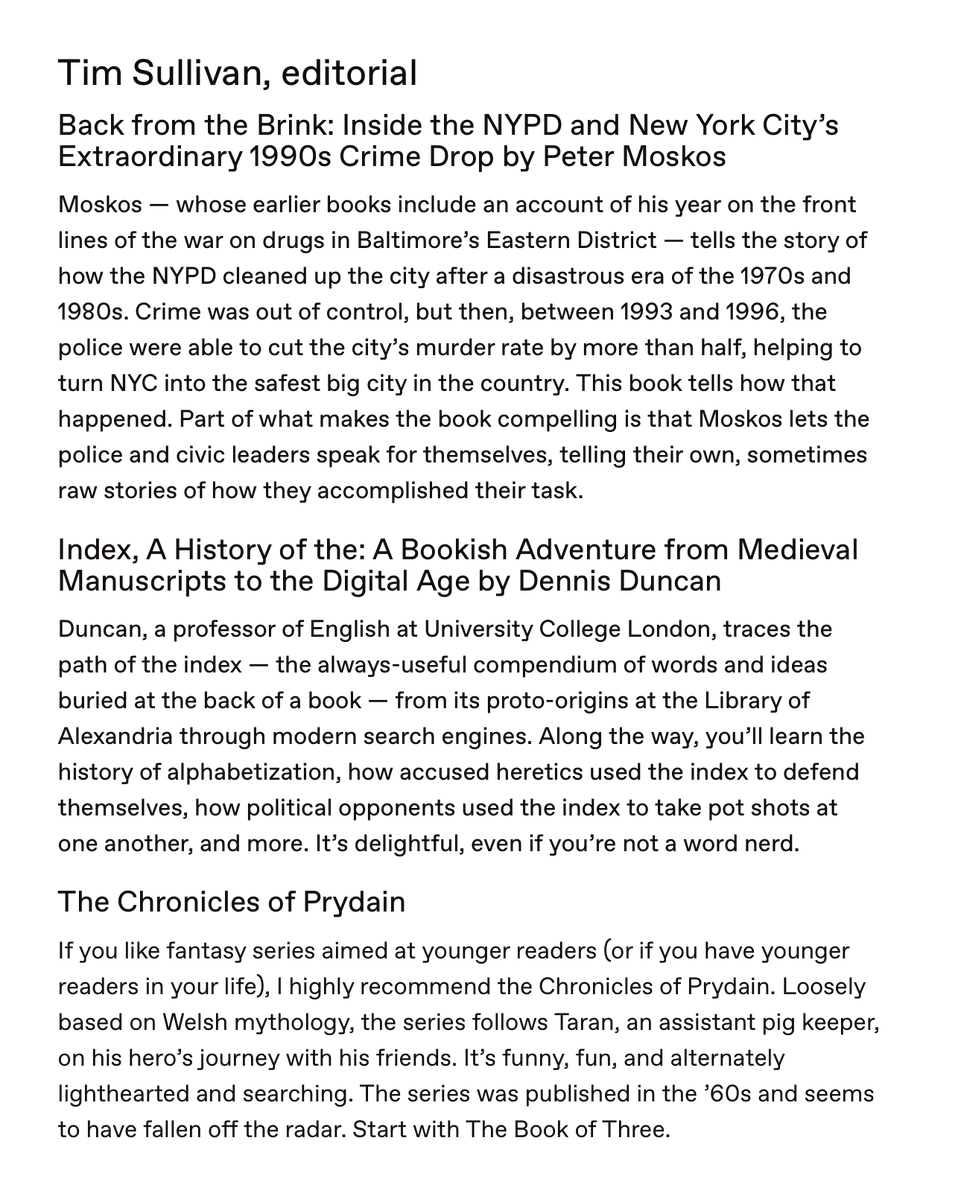 a16zcrypto's tweet image. Back from the Brink: Inside the NYPD and New York City’s Extraordinary 1990s Crime Drop by Peter Moskos

Index, A History of the: A Bookish Adventure from Medieval Manuscripts to the Digital Age by Dennis Duncan

The Chronicles of Prydain

@Tim_Org