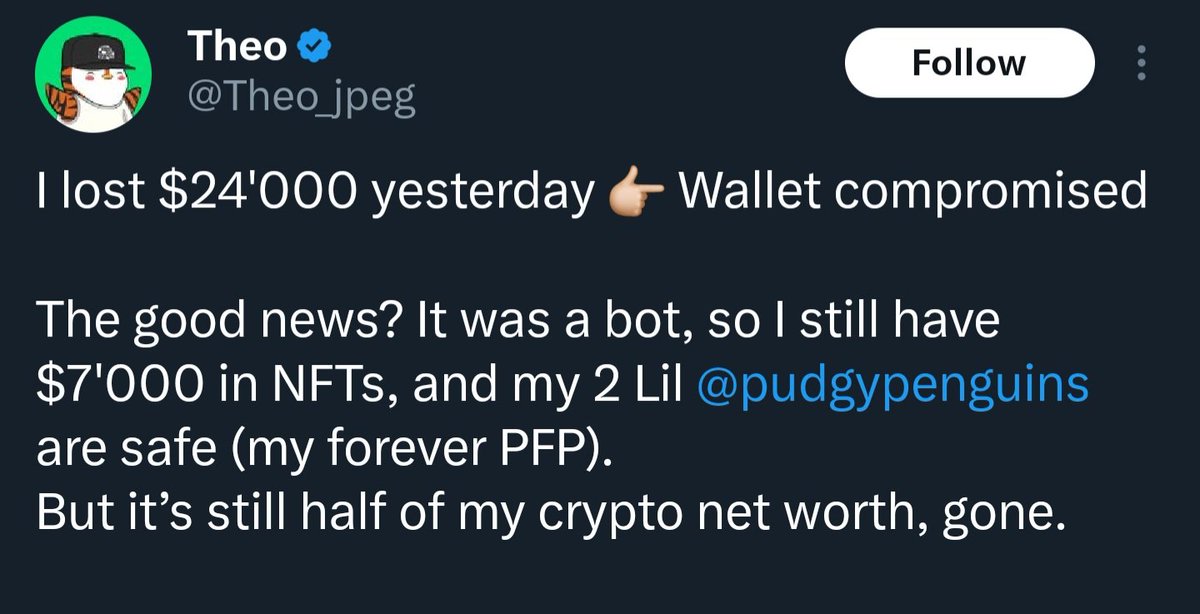 0xHeatt's tweet photo. @FFVV1211 Another one from Lil Pudgy today, but he said his Pudgy is safe.

Unless this is some tactic. I've seen comments under Jampzey's post suggesting some assets were drained later. https://t.co/VTHc9e46Xa