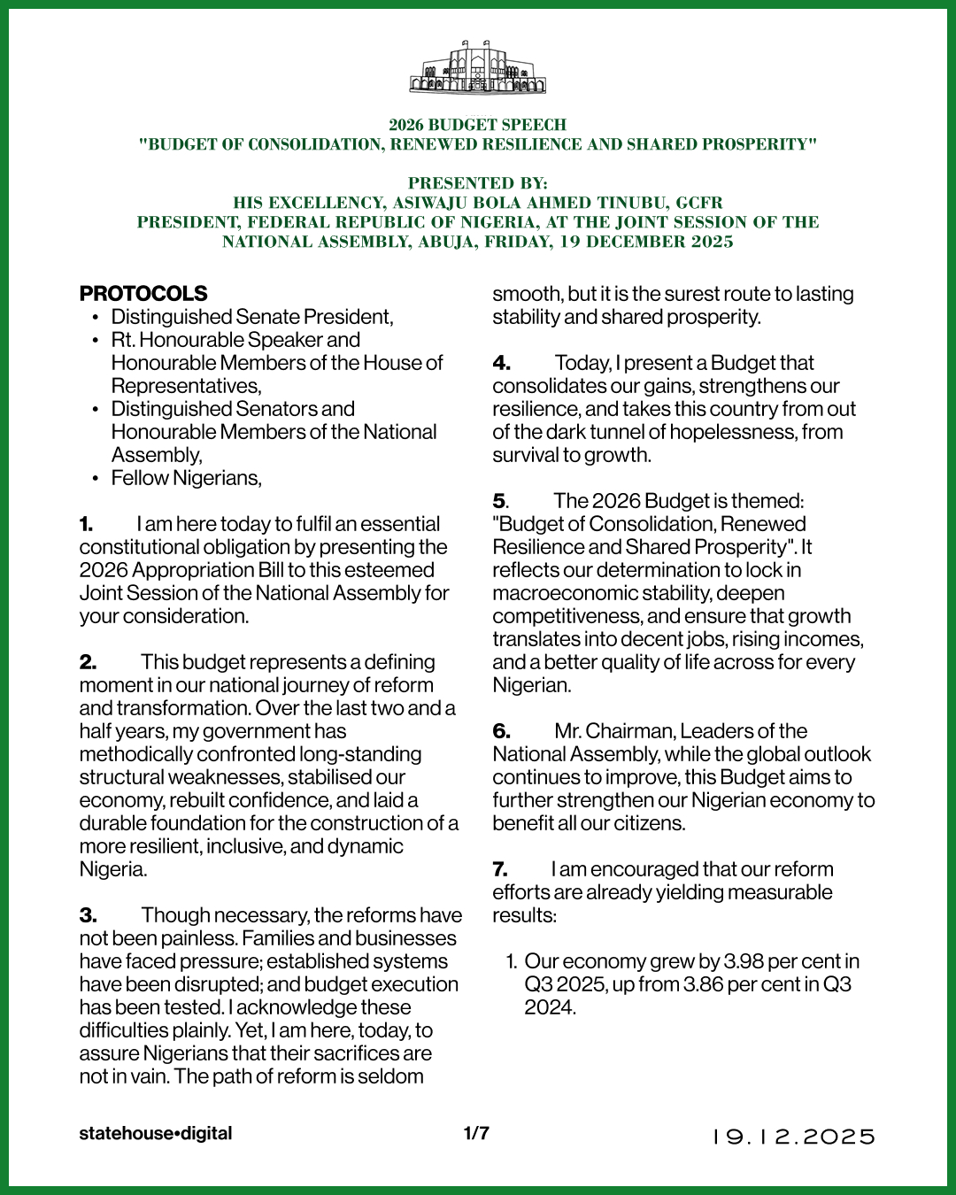 2026 Budget Speech: “Budget of Consolidation, Renewed Resilience and Shared Prosperity” Presented by His Excellency, Asiwaju Bola Ahmed Tinubu, GCFR, President, Federal Republic of Nigeria, at the Joint Session.