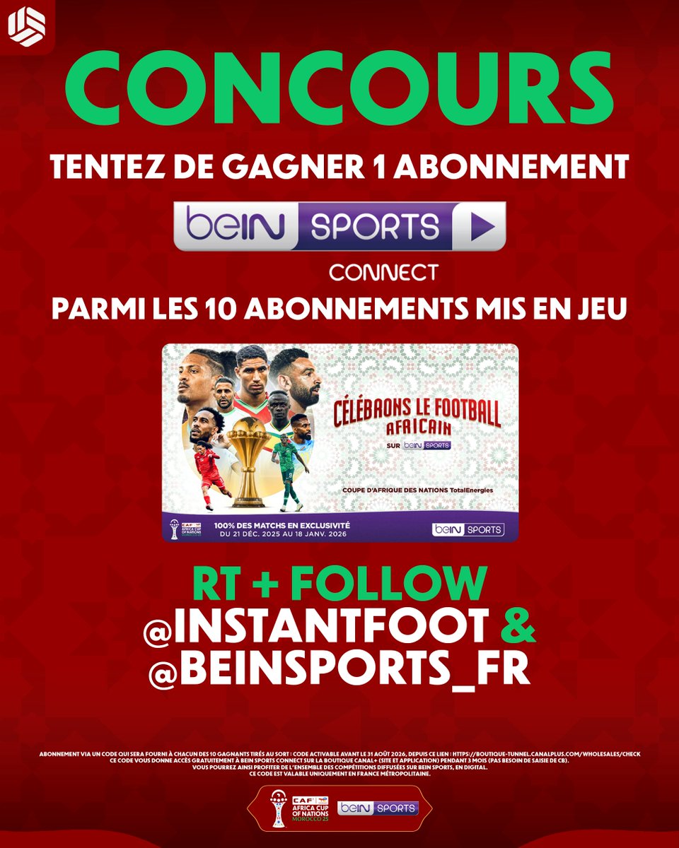 lnstantFoot's tweet image. 🚨 𝗨𝗡𝗘 𝗔𝗡𝗡𝗢𝗡𝗖𝗘 𝗖𝗢𝗠𝗠𝗘 𝗖̧𝗔, 𝗖̧𝗔 𝗦𝗘 𝗙𝗘̂𝗧𝗘 𝗡𝗢𝗡 ? 🥳🎁

Tentez de gagner 3 mois d'abonnement à beIN SPORTS CONNECT parmi les 10 abonnements mis en jeu ! 🔥

Pour participer :

👉 RT ce post 🔁

👉 Follow @beinsports_FR &amp;amp; @lnstantFoot

TAS dimanche à 18H00 !…
