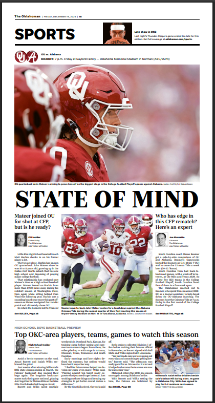 jeffpattOKC's tweet photo. Friday's @OklahomanSports &amp; A1 covers:

@colton_sulley: https://t.co/wZQmTPnOU2
@joe_mussatto: https://t.co/zkZTXnhUa2
@JenniCarlson_OK: https://t.co/95SaVtVGI3
@thejordancdavis: https://t.co/JHoNJkpqY4
#CFBPlayoff picks: https://t.co/gKy77uuXy1
📰: https://t.co/Jb6BUFrLSl https://t.co/2Zay09bhWF