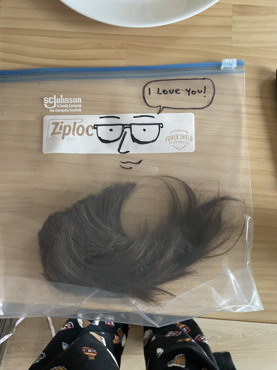 Boyfriend is leaving for Ottawa so I cut off all of his hair and drew him on this bag so I can remember he exists