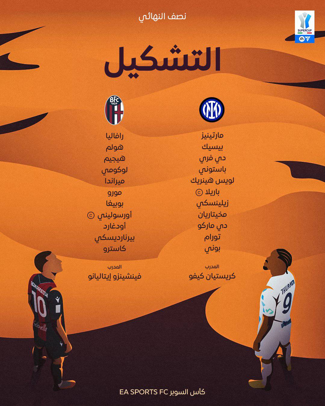 تشكيلة إنتر ميلان و بولونيا في نصف نهائي السوبر الإيطالي. 