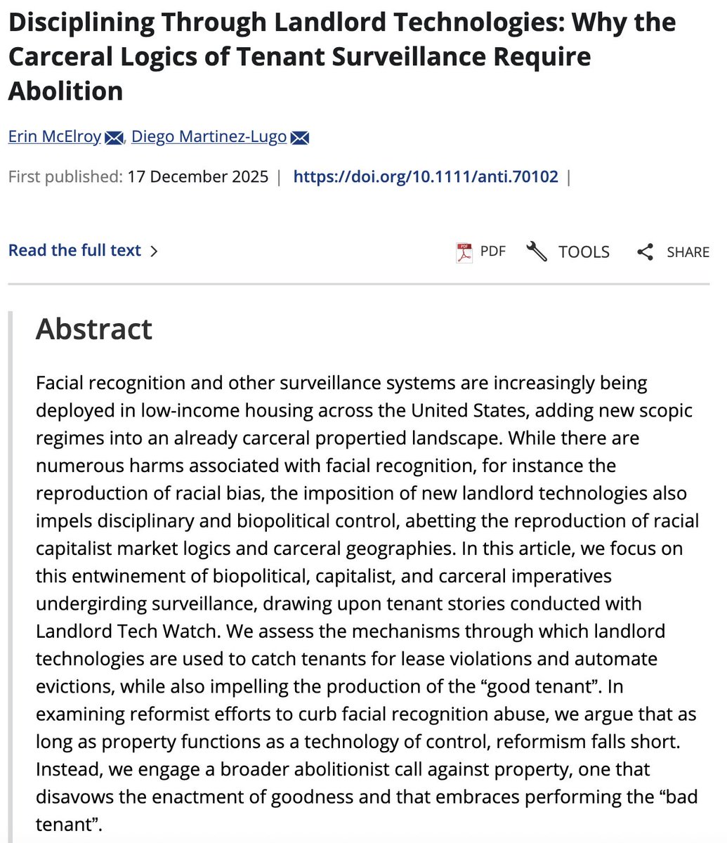 erin_mc_elroy's tweet photo. Excited to have this out in the world

“Disciplining Through Landlord Technologies: Why the Carceral Logics of Tenant Surveillance Require Abolition”

https://t.co/IWgf8tWKdR https://t.co/8GYRBlh90H