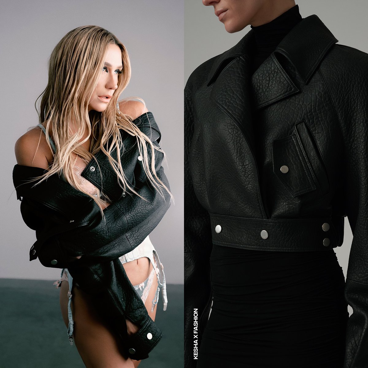 KeshaXFashion's tweet image. In another shot for L'Officiel Monaco, Kesha was dressed in the "Russett" black leather jacket by Polish brand #LeoSeason and a pair of #BaredFootwear "Cacique" knee-high boots crafted from premium, smooth boxed leather.