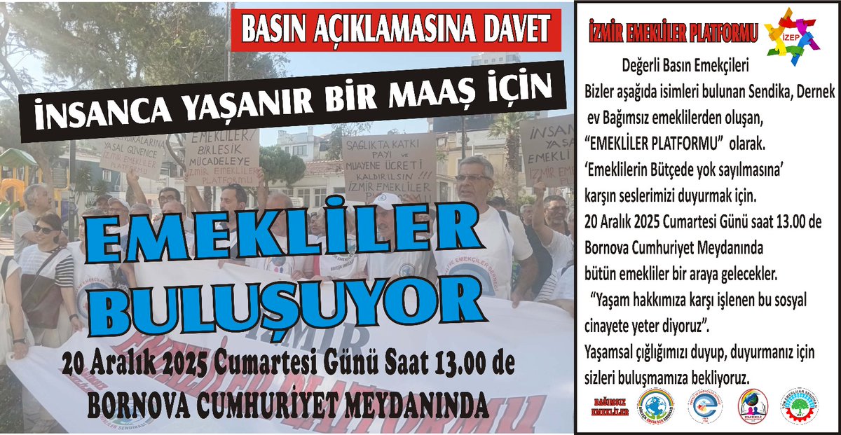 Cumartesi saat 13 de Bornova Cumhuriyet Meydanı'ndayız. Bu kavga haysiyet kavgasıdır. Gücümüz Birliğimizdir.