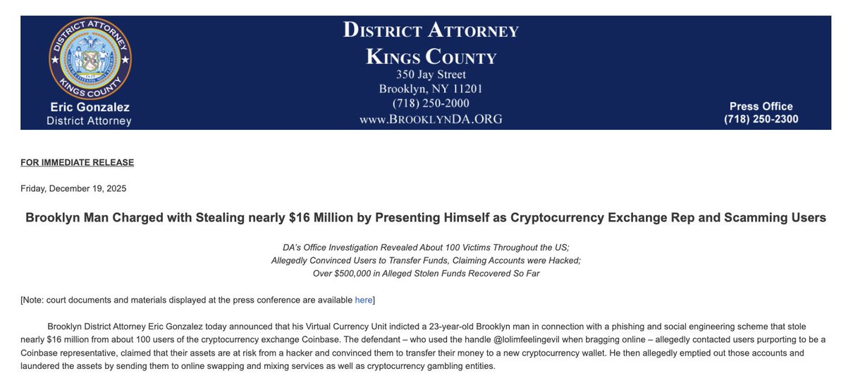 coinbase's tweet image. Crypto scams aren't anon.

Coinbase is committed to working with law enforcement to trace funds, support victims, and pursue accountability.

We're proud to have helped the Brooklyn DA bring justice in a long-running impersonation scam. And thanks @zachxbt for your contributions.