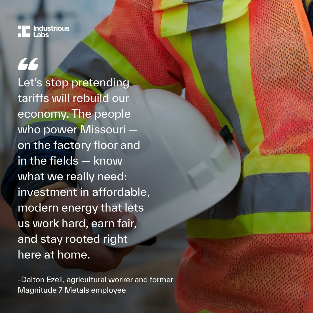 industriouslabs's tweet photo. Dalton Ezell’s story traces his path from the smelter floor to Missouri farm fields, where workers are still getting crushed by a broken power system: coal-fired electricity, rubber‑stamped rate hikes, and false promises that tariffs alone could save jobs. https://t.co/Bu3et9DKaA https://t.co/yMS1Pqqymp