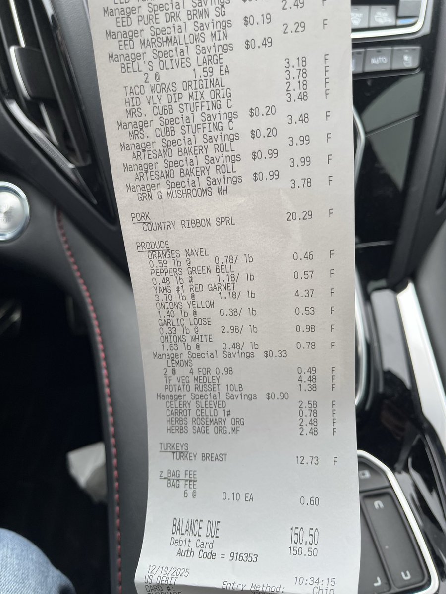 bcardcsr's tweet photo. Can’t tell me prices aren’t down.  Full Christmas dinner for eight, $150.00.
@realDonaldTrump @JDVance @FoxNews https://t.co/uinW7WZpvy