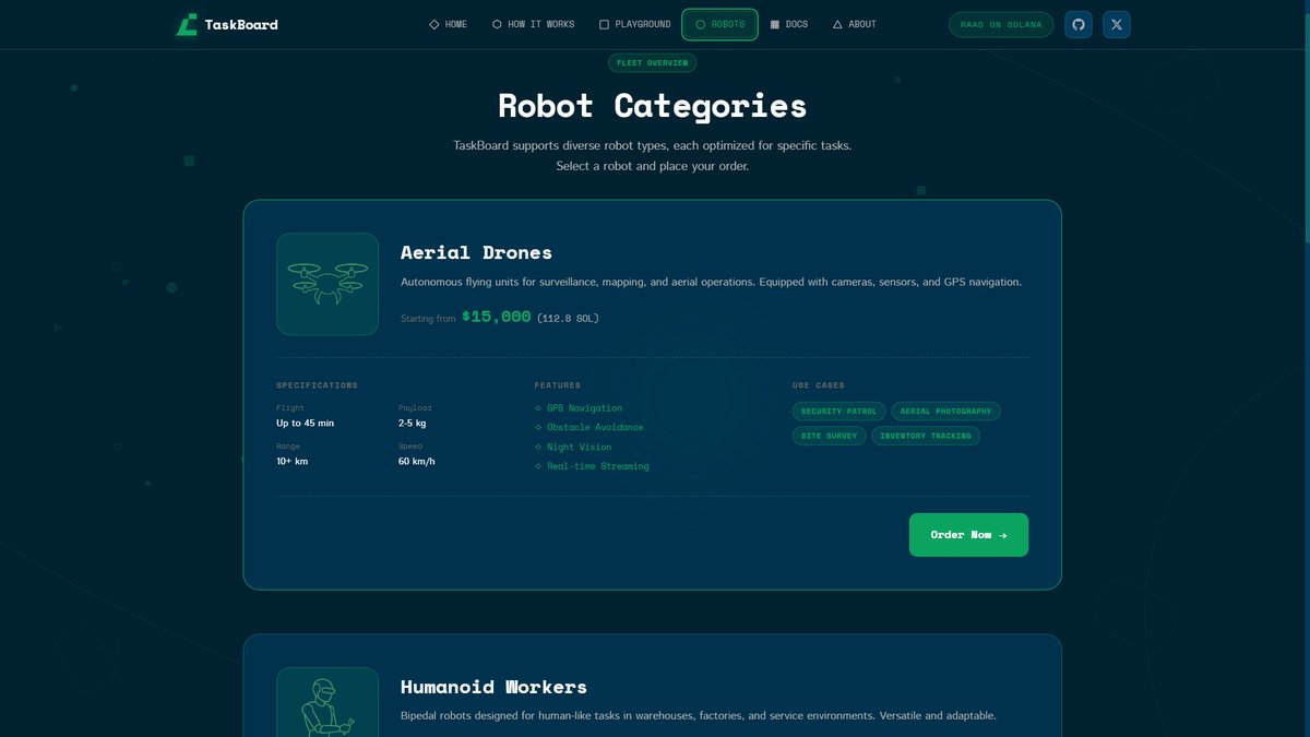 TaskBoardRaaS's tweet image. On the TaskBoard website you can compare robots before assigning a task.

Each robot category comes with clear specs:
• capabilities and use cases
• performance metrics
• pricing benchmarks

This makes task selection deterministic, not subjective.
Pick the right robot for the…