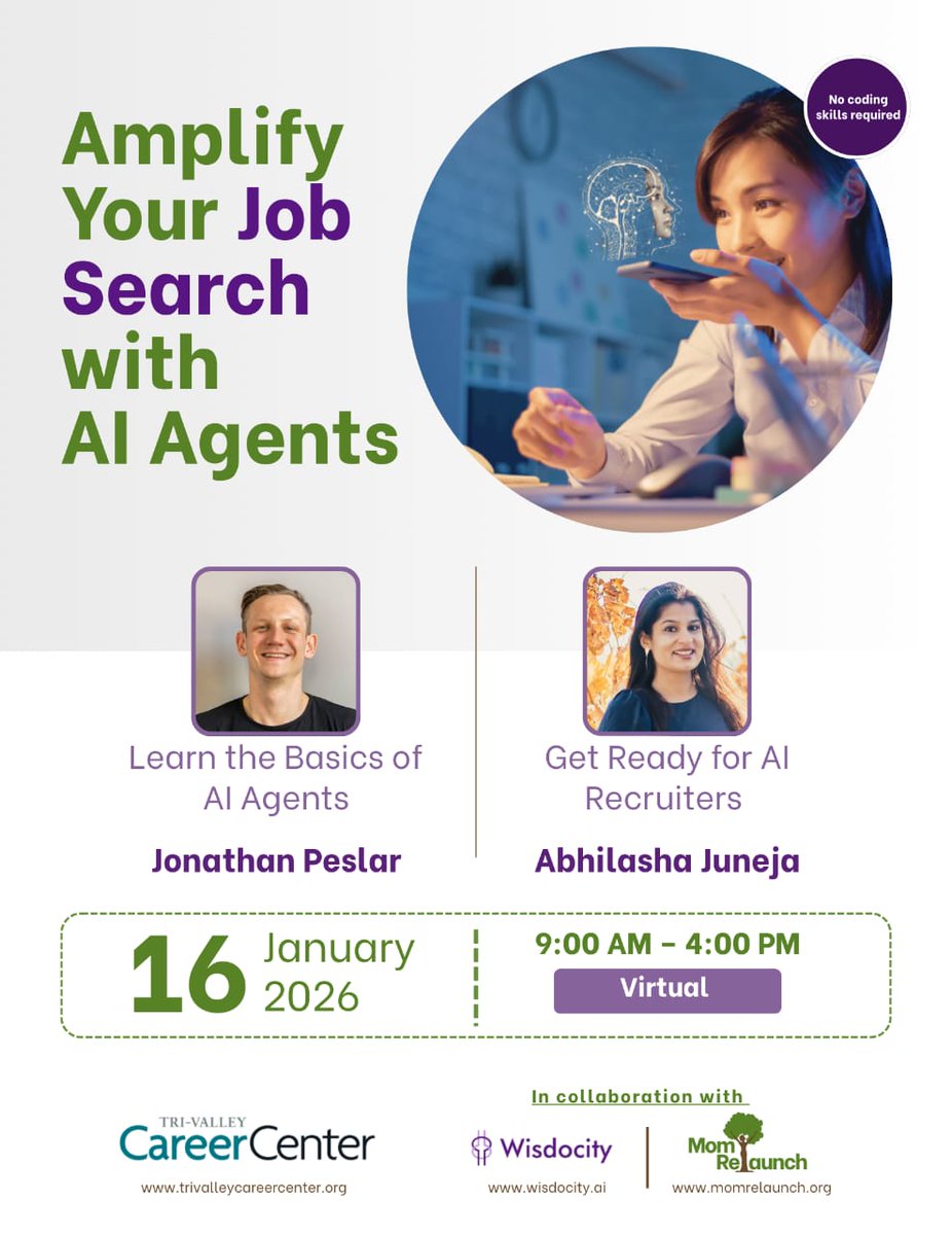 momrelaunch's tweet photo. Make your job search smarter with AI.

Learn AI agent fundamentals with Jonathan Peslar and get recruiter-ready for AI-driven hiring with Abhilasha Juneja.

🗓Jan 16, 2026 | Virtual $99 early access Register: https://t.co/y9yTjnSlCA 

#AI #JobSearch #CareerGrowth https://t.co/Nwi2ooxEP3