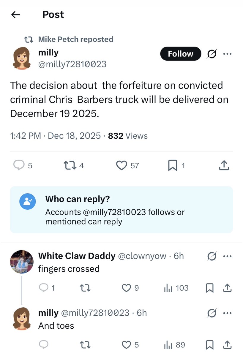 The Court has denied the Crown’s forfeiture application. <a href="/milly72810023/">milly</a> and her ilk can now uncross their fingers and toes, a maybe find something else to obsess about other than
 <a href="/LichTamara/">Tamara Lich 🇨🇦</a> and Chris Barber. 
In the Court’s reasons for denying forfeiture, it found my client,