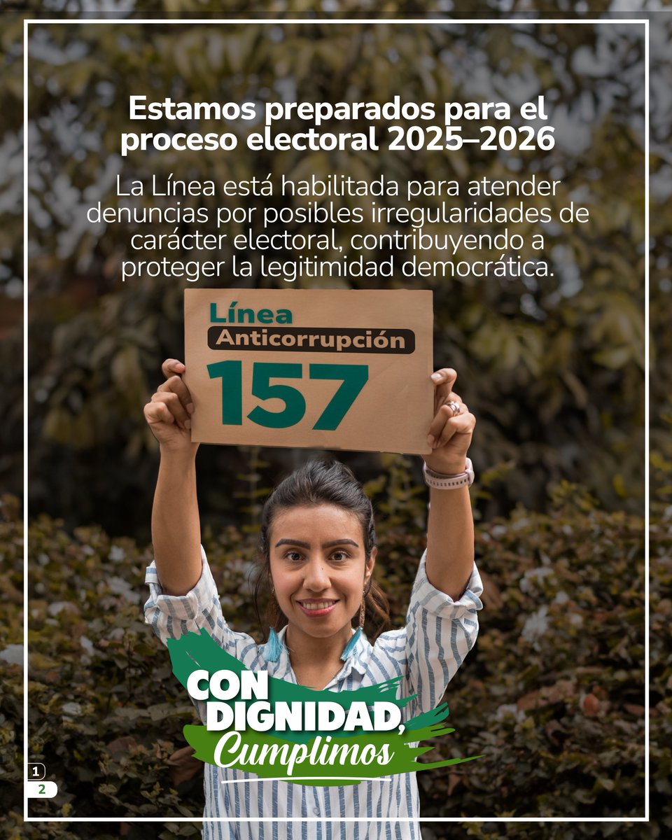 En 2025, la Línea Anticorrupción 157 📞 se consolidó como un canal seguro y confidencial para denunciar corrupción, fortaleciendo la confianza ciudadana y la transparencia pública 🇨🇴.

Disponible 24/7 en todo el país.

🫱🏻‍🫲🏼 Denunciar fortalece la democracia.

#ConDignidadCumplimos