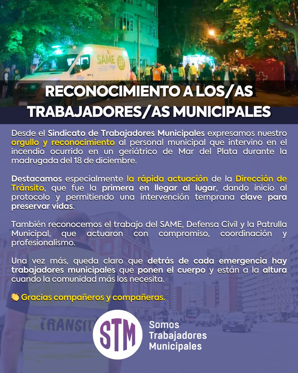 RECONOCIMIENTO A LOS TRABAJADORES MUNICIPALES

Desde el Sindicato de Trabajadores Municipales expresamos nuestro orgullo y reconocimiento al personal municipal que intervino en el incendio.

#stmmardelplata
#OrgullosamenteMunicipales
#SomosTrabajadoresMunicipales