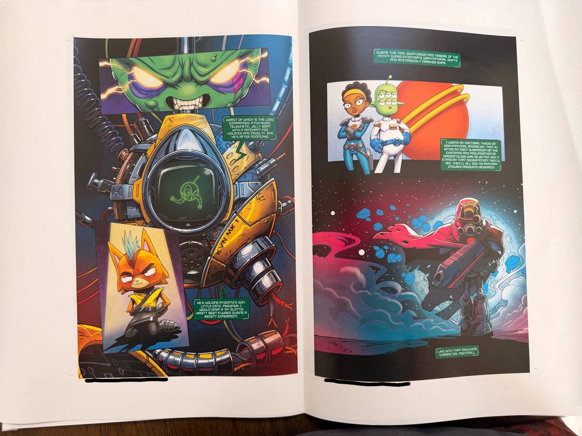 FinalSpace's tweet image. Happy Final Space Friday!
Got physical samples in the mail this week and big progress to share. All interior color is officially approved. It looks great! That part is locked and looking great.
The cover is almost there. We caught one thing in the sample stage that we want to fix…