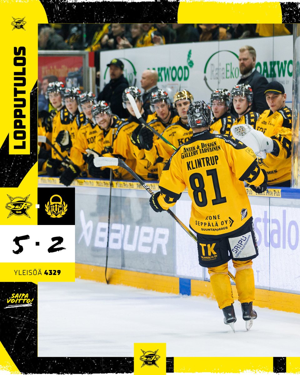 Liiga_SaiPa's tweet photo. SaiPa - Lukko | Lopputulos | 5-2

🚨 1-0 Kalapudas (Kuusla, Salomäki)
🚨 2-0 Salomäki (Kalapudas, Kuusla) YV
🚨 3-2 Klintrup (Bau) AV
🚨 4-2 Siikanen (Fortier, Kramer) YV
🚨 5-2 Salomäki (Kivihalme, Kuusla) YV2
 
#SaiPa #Liiga #YhdessäVahvempia https://t.co/zA0lxxNcWr