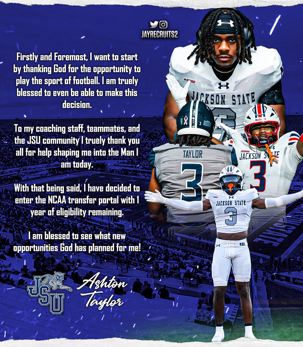 HBCUSports1's tweet image. Jackson State (LB) Ashton Taylor will be entering the transfer portal with 1 year of eligibility remaining