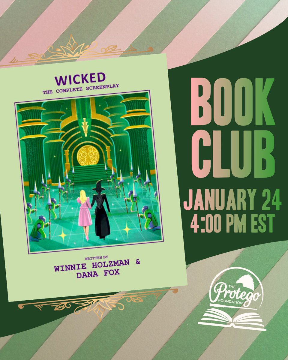 📚 BOOK CLUB: “Wicked” Screenplay 📚
Join us for our discussion on Saturday, January 24th, at 4:00pm EST.

The screenplay is available as a hardcover book, or you can find the pdf version at the link on our event registration page.

✨ REGISTER ✨ 
us02web.zoom.us/meeting/regist…