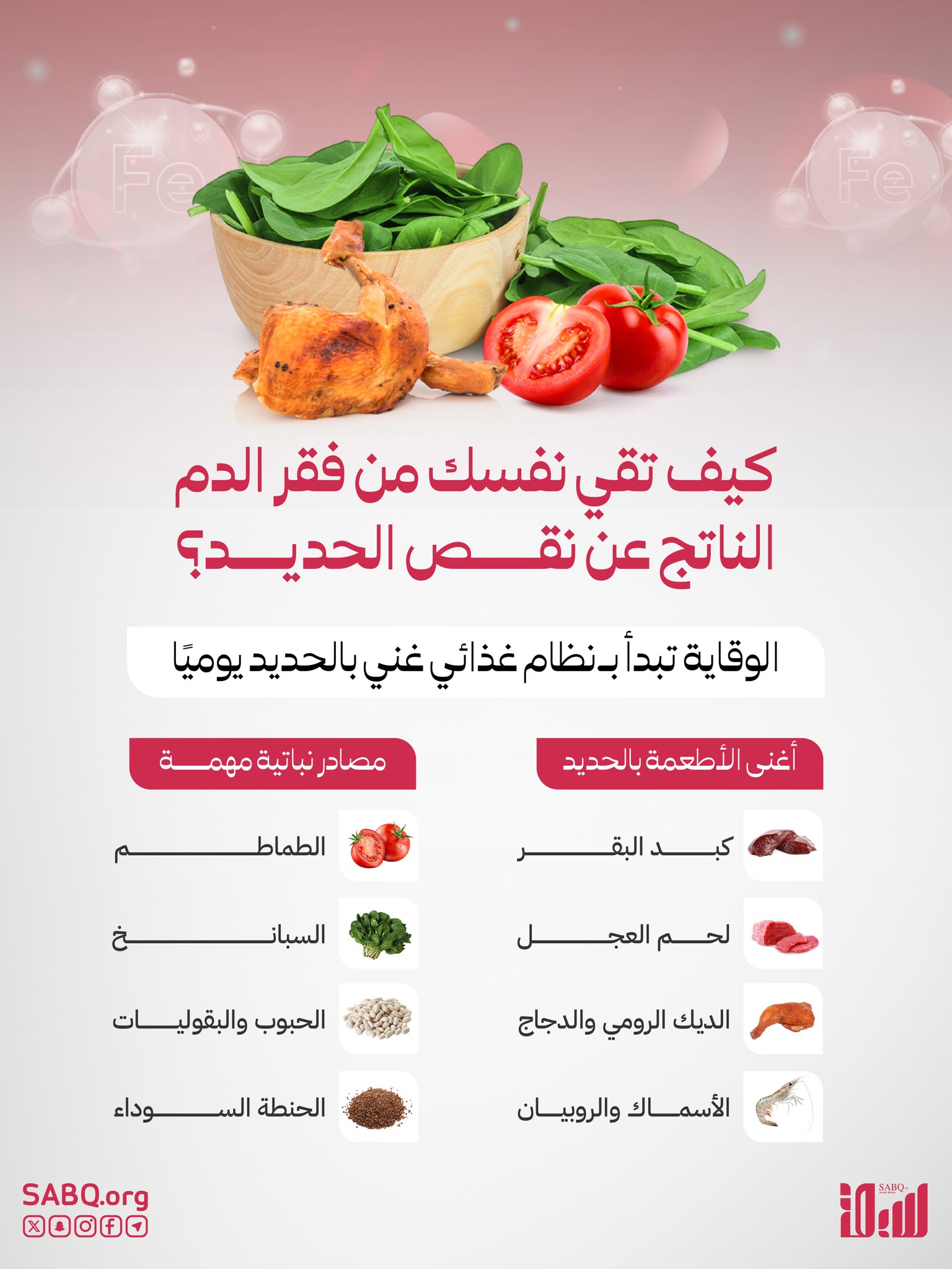 فقر الدم لا يبدأ فجأة! الوقاية منه تبدأ بغذاء غني بالحديد يوميًا من مصادر حيوانية ونباتية 