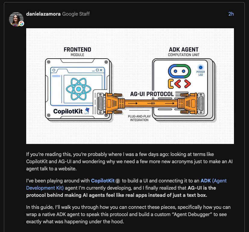 CopilotKit's tweet image. Amazing article on the Google Developer Forum about 

AG-UI, CopilotKit and using them with ADK! 💜