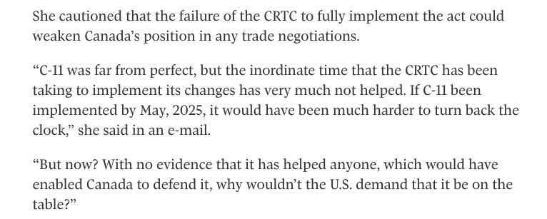 Good point from <a href="/FRPC_FRPC/">Forum for Research & Policy in Communications</a>: the #CRTC’s slow, unfinished rollout of the Online Streaming Act could leave it exposed in trade talks theglobeandmail.com/politics/artic…