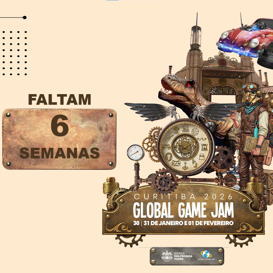 ggjpucpr's tweet image. 6 semanas para a @globalgamejam em Curitiba!
O evento vai acontecer na @PUCPRoficial entre os dias 30/1 e 1/2!
Inscrições e mais informações em: eventum.pucpr.br/ggjcwb26

#ggjcwb #ggj26