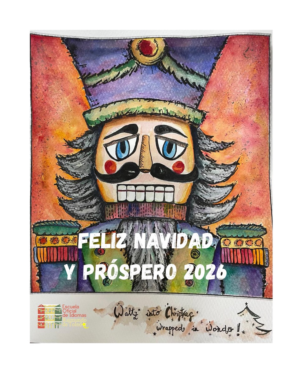 eoitoledo's tweet photo. Desde la Escuela Oficial de Idiomas Raimundo de Toledo os deseamos ¡FELIZ NAVIDAD Y PRÓSPERO 2026!

La tarjeta navideña que ha resultado ganadora ha sido la de nuestra alumna de C2 de inglés MARISA GIL.
#eoi #eoitoledo #toledo #toledo https://t.co/zjId7fj5dz