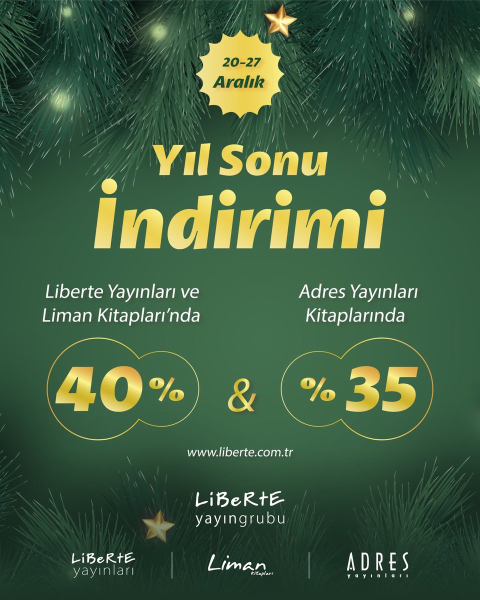 >> Yıl Sonu Kampanyası!
20 - 27 Aralık günlerinde 
Liberte Yayınları'nda 
ve Liman Kitapları'nda
% 40 
Adres Yayınları'nda % 35 indirim 
liberte.com.tr sayfamızda!

#indirim #liberteyayınları #limankitapları #adresyayınları #kitap