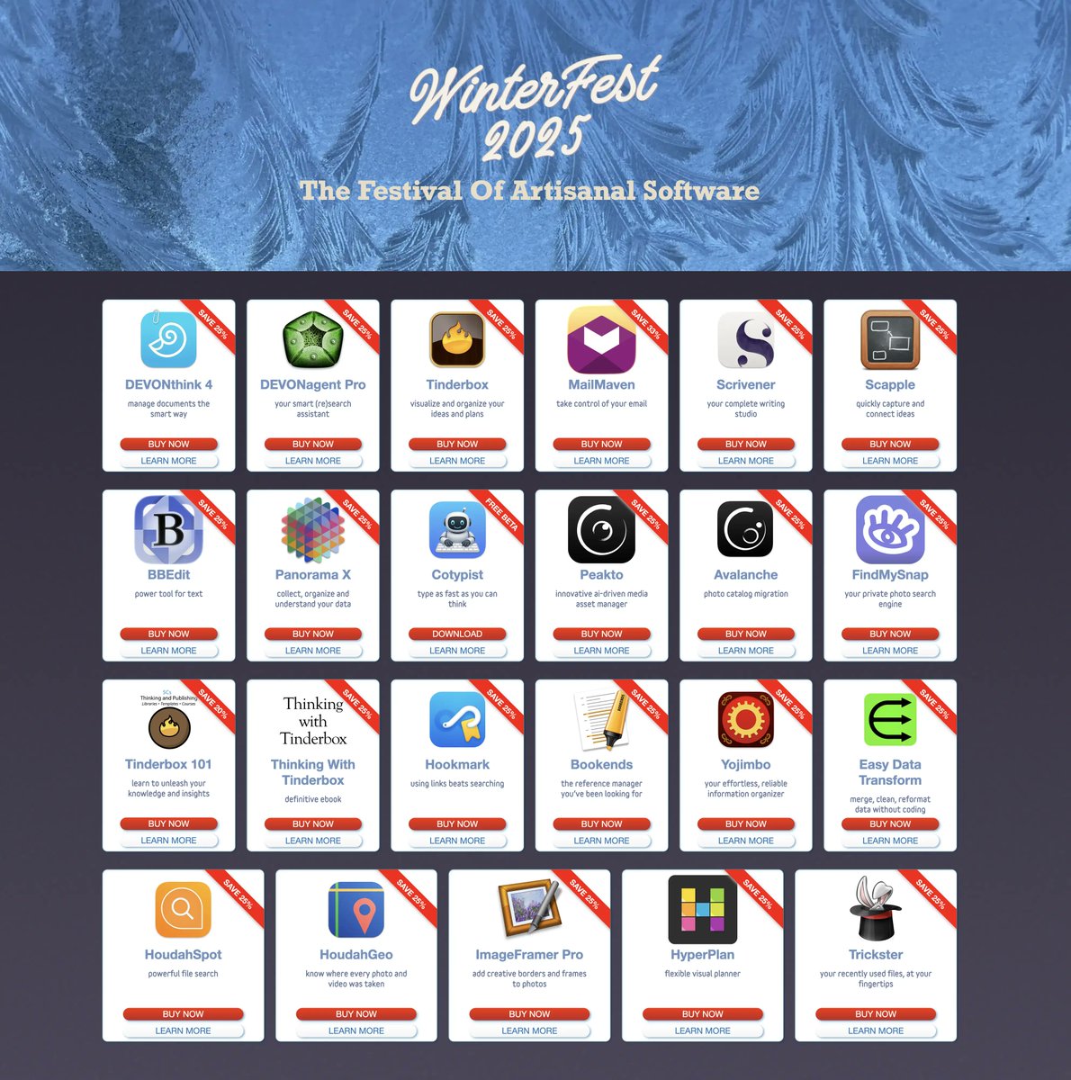 The theme of this year’s FESTIVAL OF ARTISANAL SOFTWARE is *artisanal intelligence* — crafting terrific tools to help people do important work.

artisanalSoftwareFestival.com

Great deals on great tools.